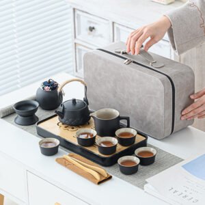 Black Pottery Travel Tea Set with 6 Cups & Carrying Case